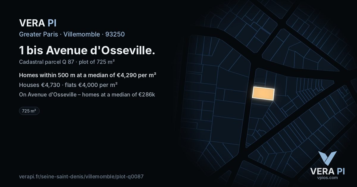 1 bis Avenue d'Osseville, Villemomble at night – the plot lit, the parcels around coloured by the prices near them