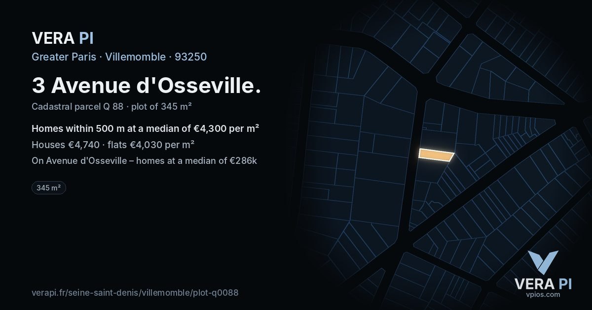 3 Avenue d'Osseville, Villemomble at night – the plot lit, the parcels around coloured by the prices near them
