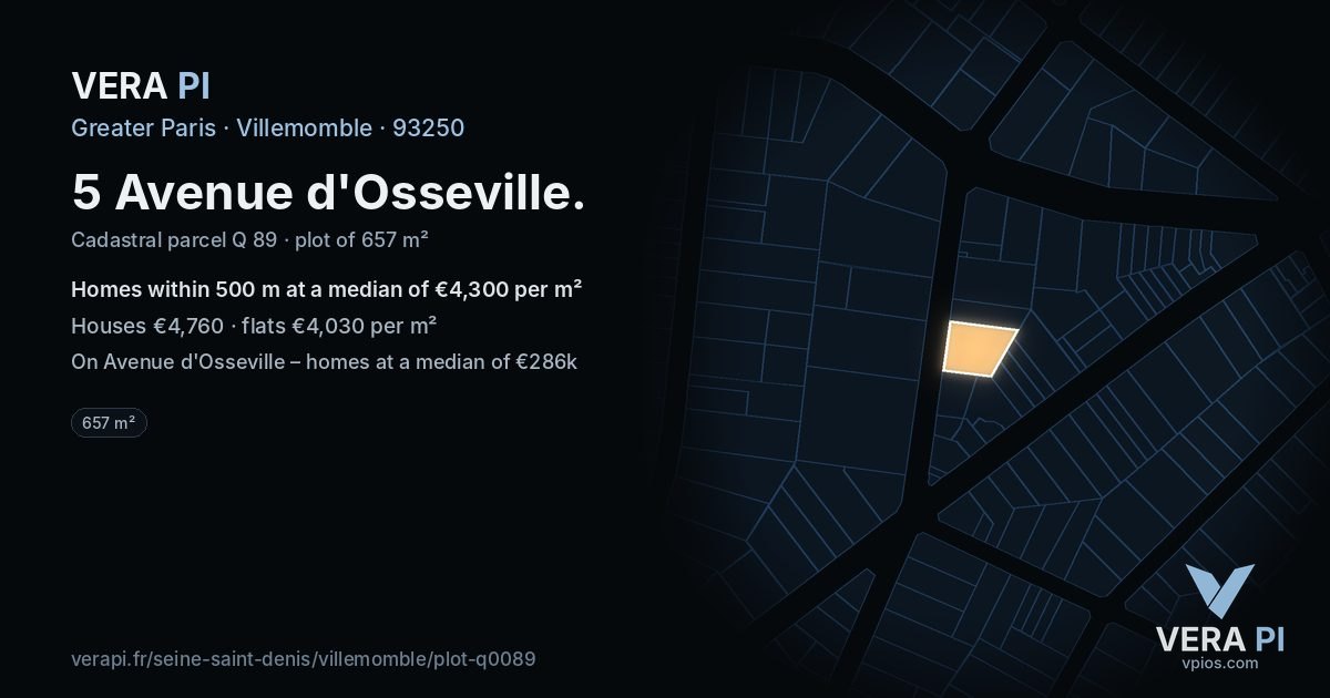 5 Avenue d'Osseville, Villemomble at night – the plot lit, the parcels around coloured by the prices near them