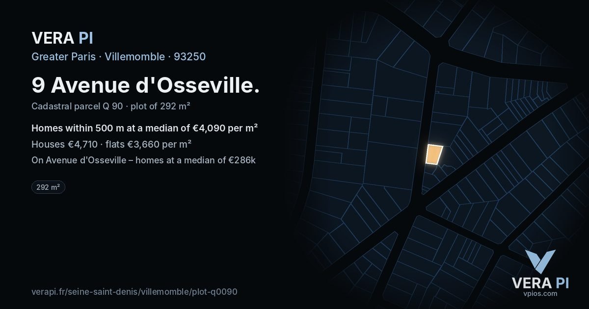 9 Avenue d'Osseville, Villemomble at night – the plot lit, the parcels around coloured by the prices near them