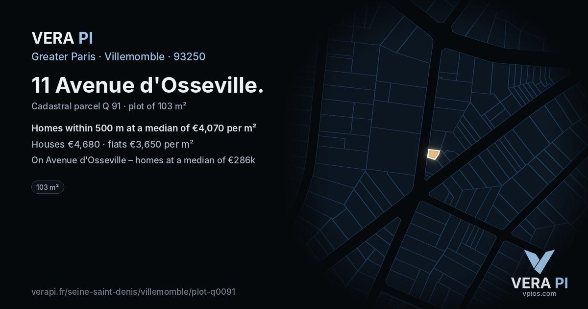 11 Avenue d'Osseville, Villemomble at night – the plot lit, the parcels around coloured by the prices near them