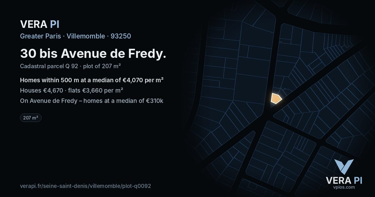 30 bis Avenue de Fredy, Villemomble at night – the plot lit, the parcels around coloured by the prices near them