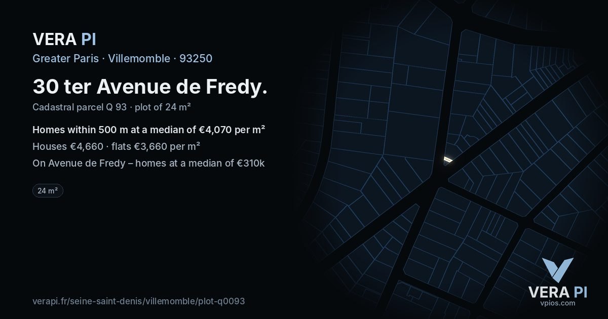 30 ter Avenue de Fredy, Villemomble at night – the plot lit, the parcels around coloured by the prices near them