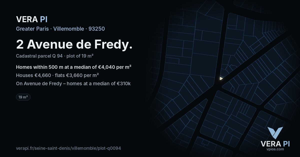 2 Avenue de Fredy, Villemomble at night – the plot lit, the parcels around coloured by the prices near them