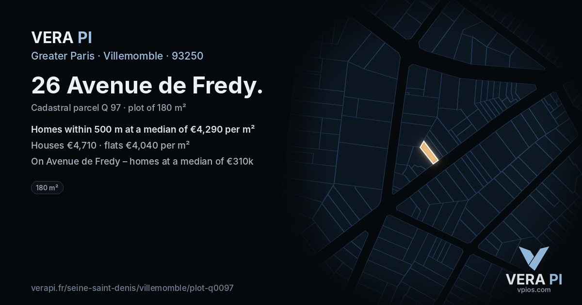 26 Avenue de Fredy, Villemomble at night – the plot lit, the parcels around coloured by the prices near them