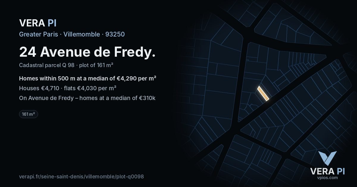 24 Avenue de Fredy, Villemomble at night – the plot lit, the parcels around coloured by the prices near them