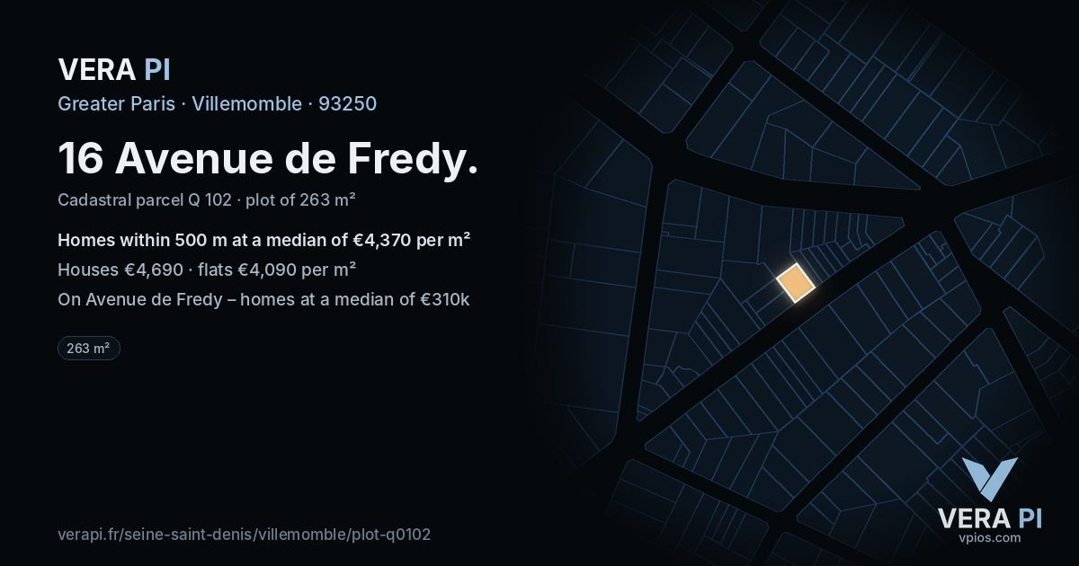 16 Avenue de Fredy, Villemomble at night – the plot lit, the parcels around coloured by the prices near them