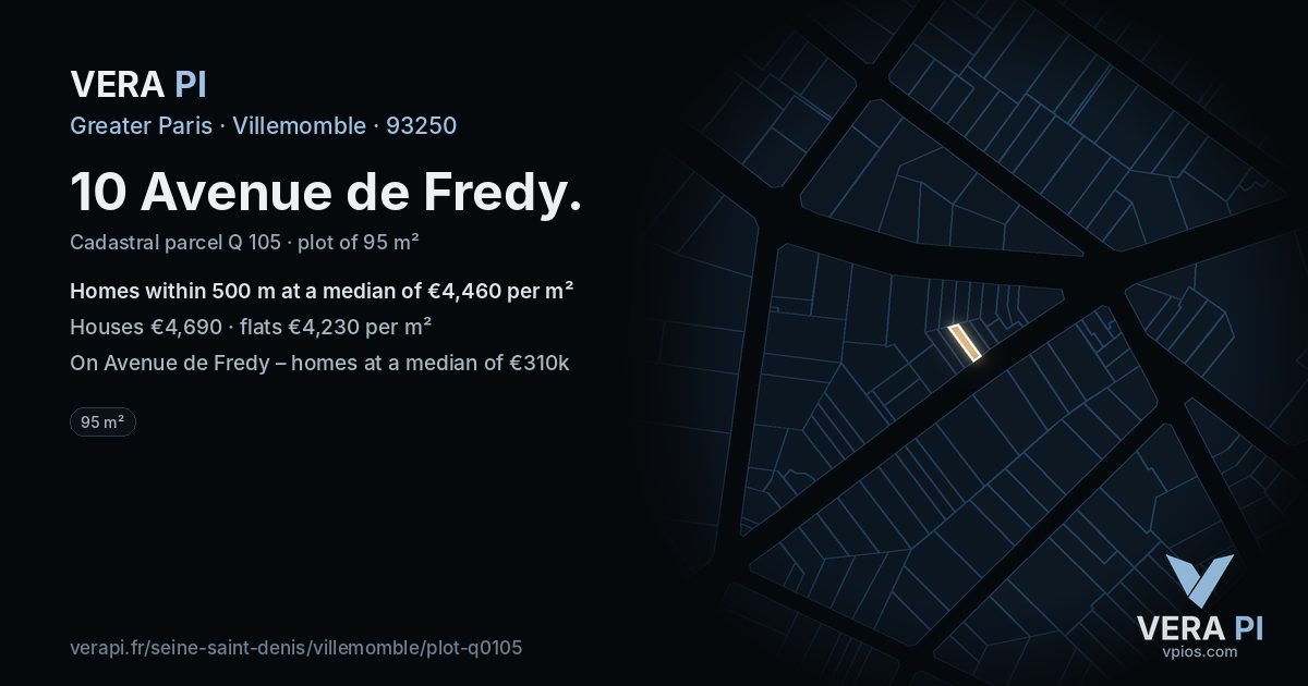 10 Avenue de Fredy, Villemomble at night – the plot lit, the parcels around coloured by the prices near them