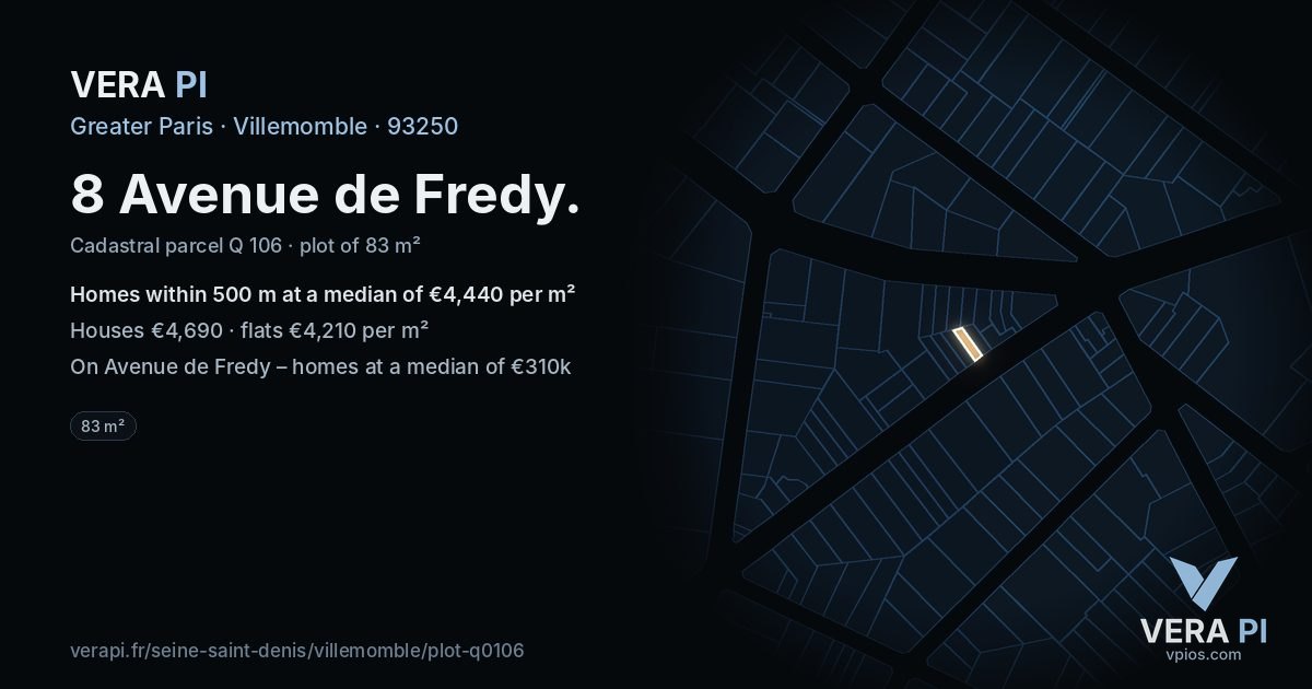 8 Avenue de Fredy, Villemomble at night – the plot lit, the parcels around coloured by the prices near them