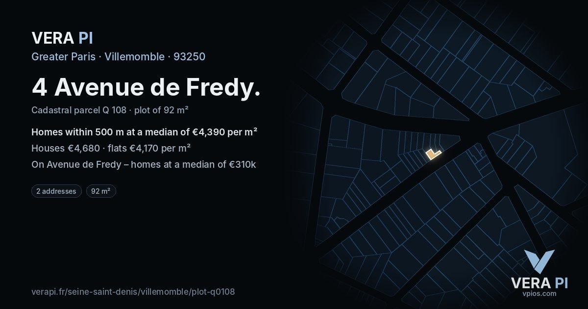 4 Avenue de Fredy, Villemomble at night – the plot lit, the parcels around coloured by the prices near them