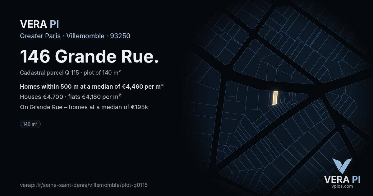 146 Grande Rue, Villemomble at night – the plot lit, the parcels around coloured by the prices near them