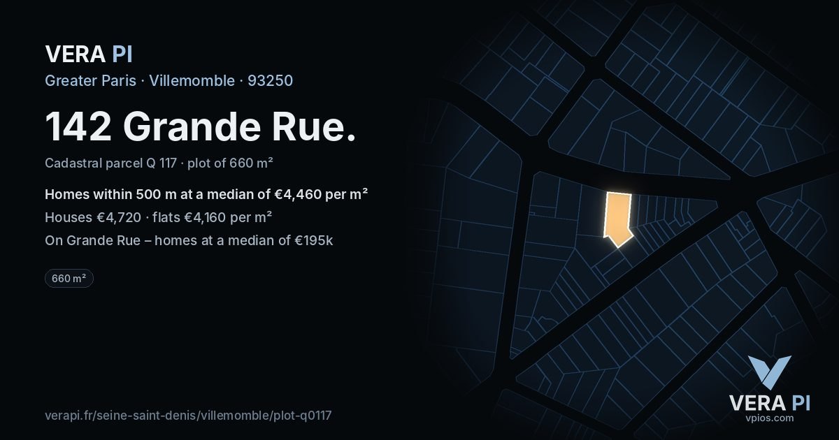 142 Grande Rue, Villemomble at night – the plot lit, the parcels around coloured by the prices near them