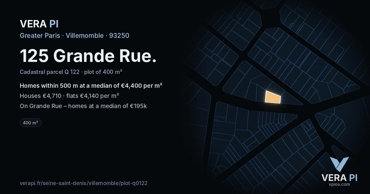 125 Grande Rue, Villemomble at night – the plot lit, the parcels around coloured by the prices near them