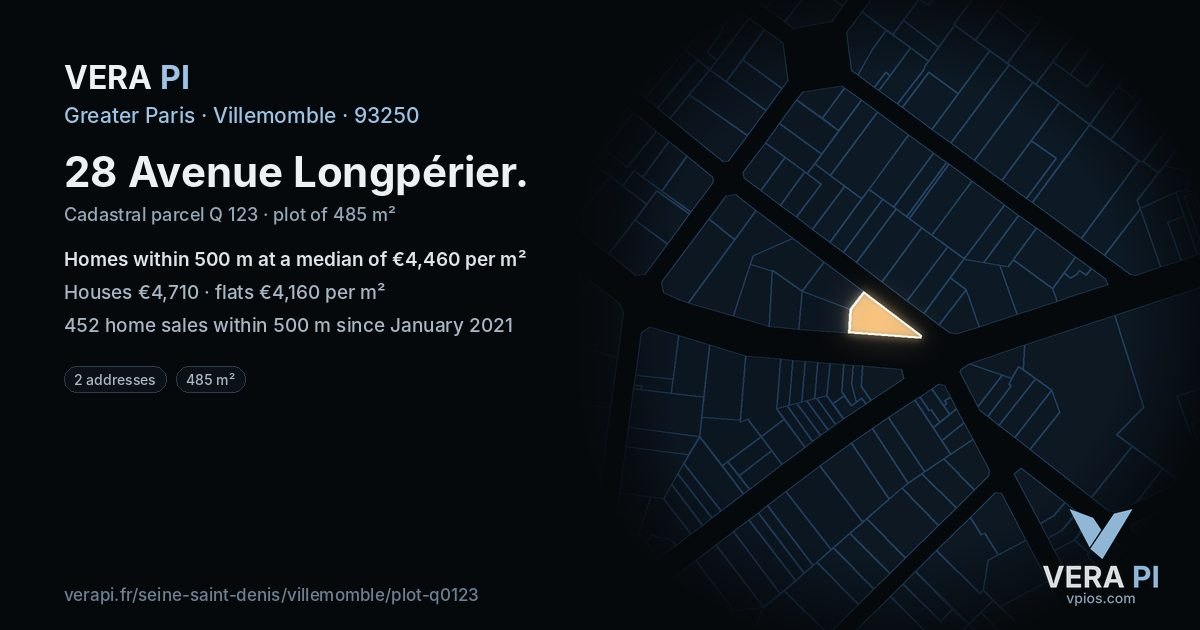 28 Avenue Longpérier, Villemomble at night – the plot lit, the parcels around coloured by the prices near them