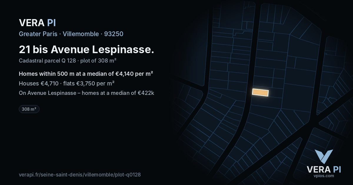 21 bis Avenue Lespinasse, Villemomble at night – the plot lit, the parcels around coloured by the prices near them