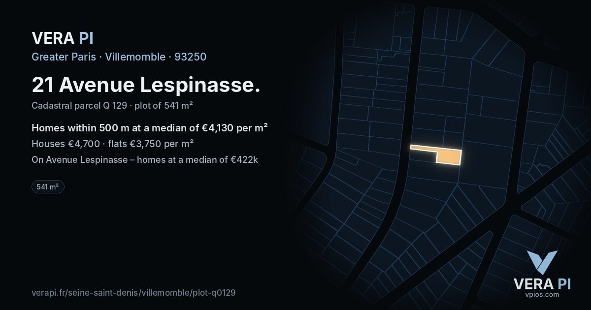 21 Avenue Lespinasse, Villemomble at night – the plot lit, the parcels around coloured by the prices near them
