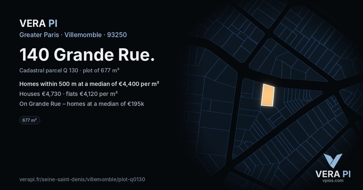 140 Grande Rue, Villemomble at night – the plot lit, the parcels around coloured by the prices near them