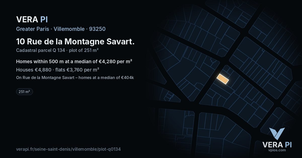 10 Rue de la Montagne Savart, Villemomble at night – the plot lit, the parcels around coloured by the prices near them