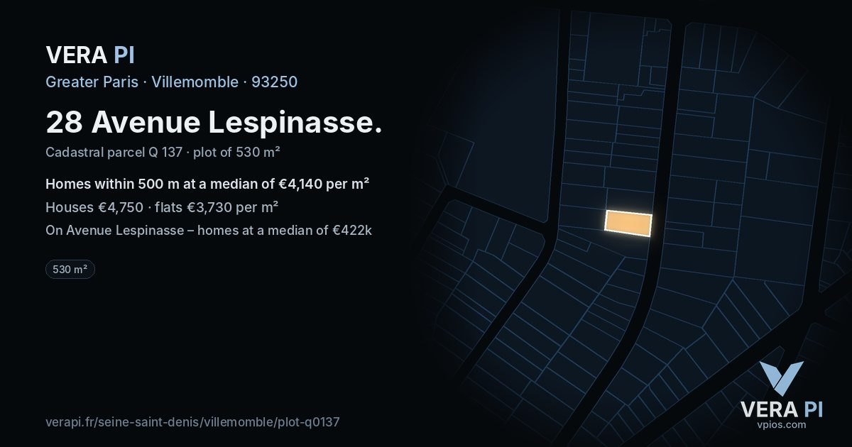 28 Avenue Lespinasse, Villemomble at night – the plot lit, the parcels around coloured by the prices near them
