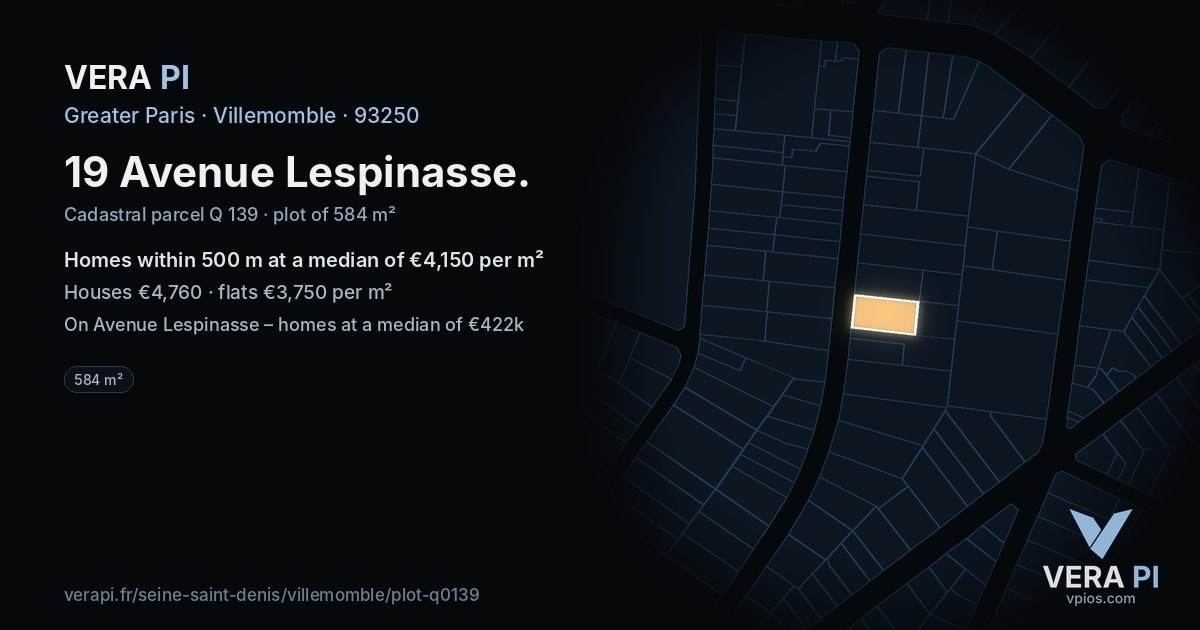 19 Avenue Lespinasse, Villemomble at night – the plot lit, the parcels around coloured by the prices near them