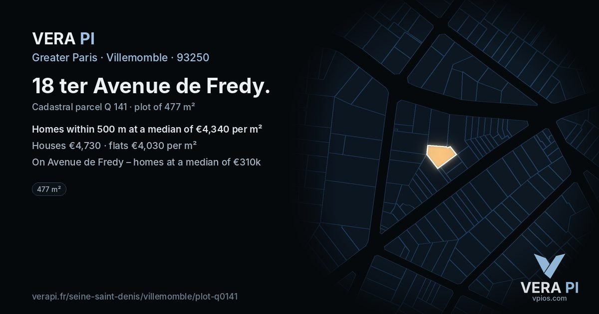 18 ter Avenue de Fredy, Villemomble at night – the plot lit, the parcels around coloured by the prices near them