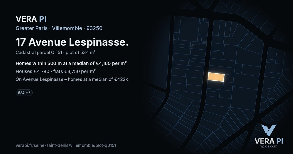 17 Avenue Lespinasse, Villemomble at night – the plot lit, the parcels around coloured by the prices near them