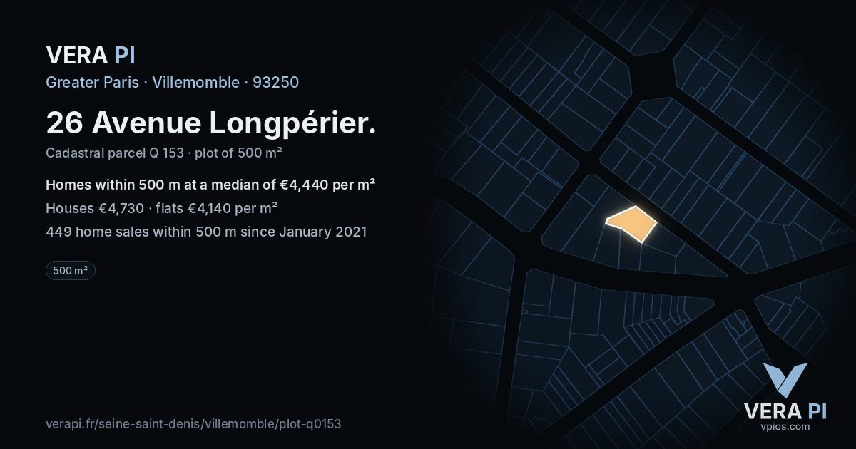 26 Avenue Longpérier, Villemomble at night – the plot lit, the parcels around coloured by the prices near them