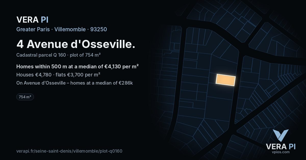 4 Avenue d'Osseville, Villemomble at night – the plot lit, the parcels around coloured by the prices near them