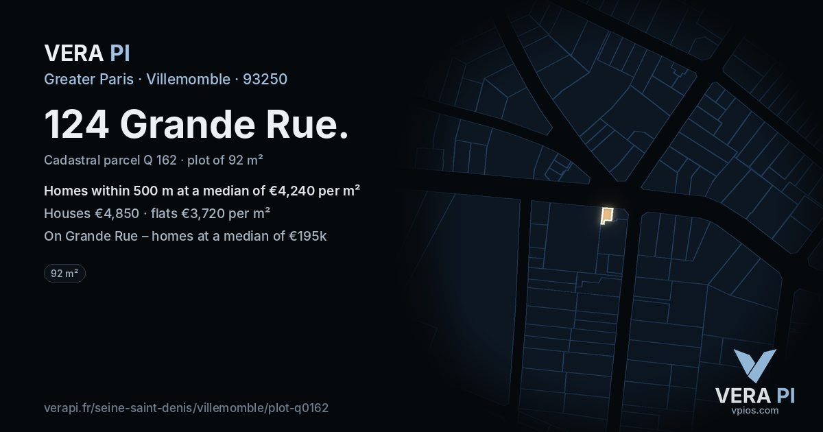 124 Grande Rue, Villemomble at night – the plot lit, the parcels around coloured by the prices near them