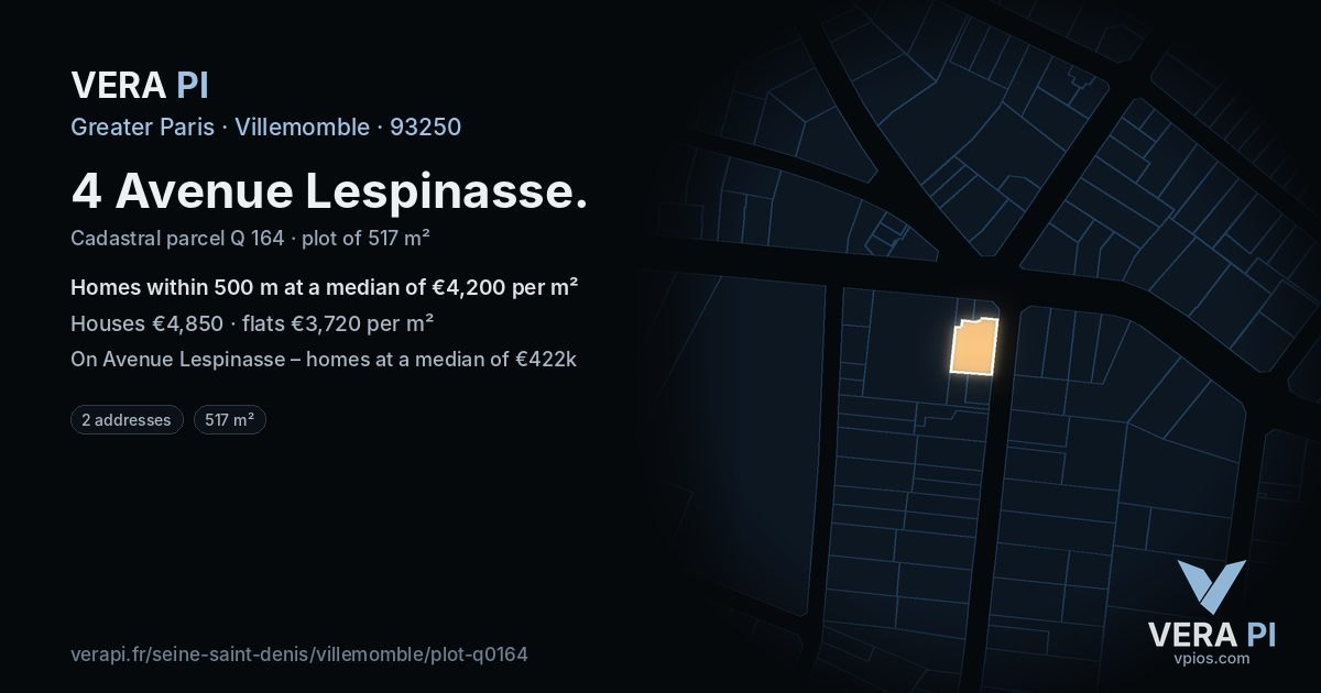 4 Avenue Lespinasse, Villemomble at night – the plot lit, the parcels around coloured by the prices near them