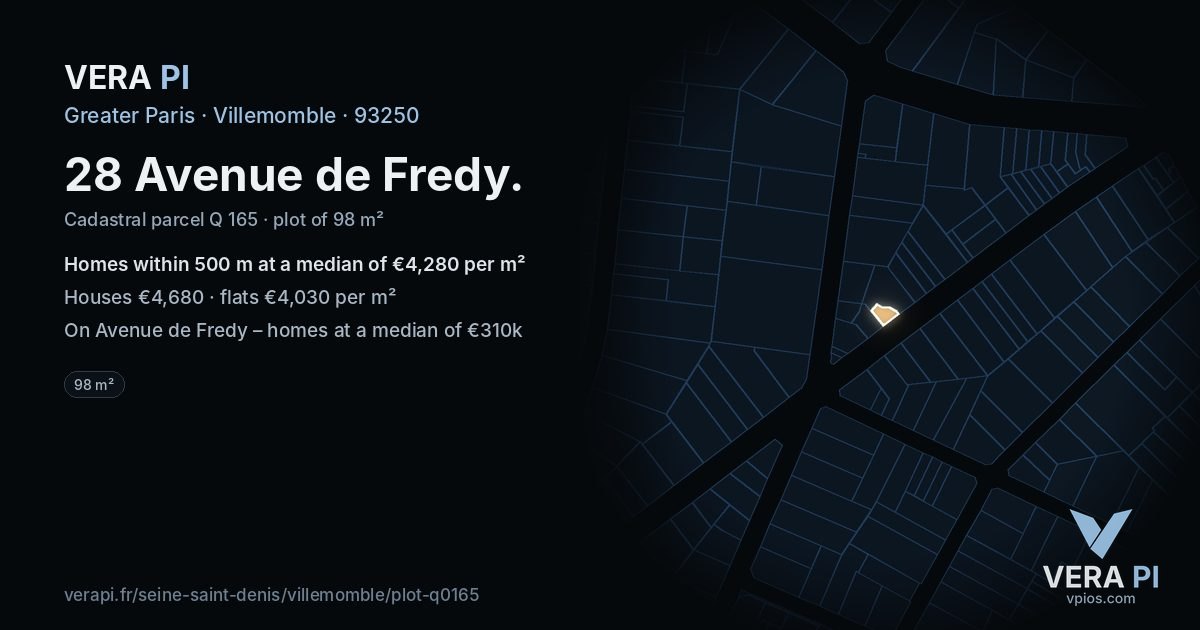 28 Avenue de Fredy, Villemomble at night – the plot lit, the parcels around coloured by the prices near them