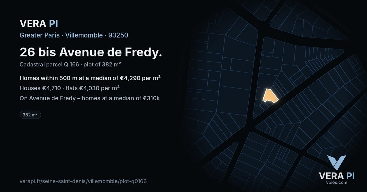 26 bis Avenue de Fredy, Villemomble at night – the plot lit, the parcels around coloured by the prices near them