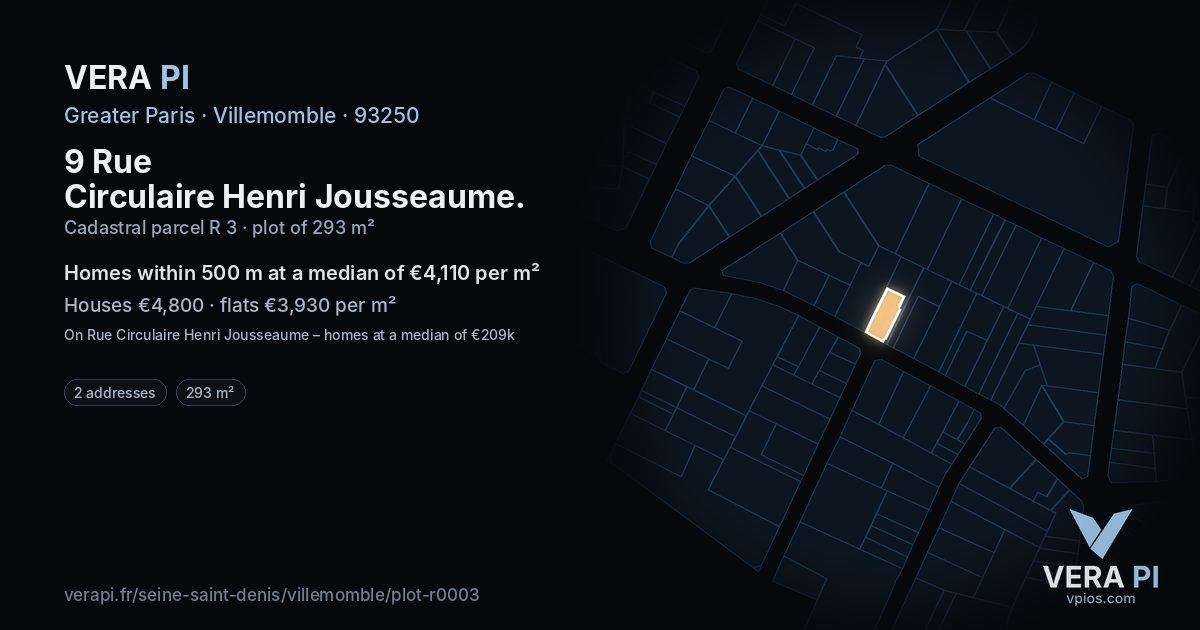 9 Rue Circulaire Henri Jousseaume, Villemomble at night – the plot lit, the parcels around coloured by the prices near them