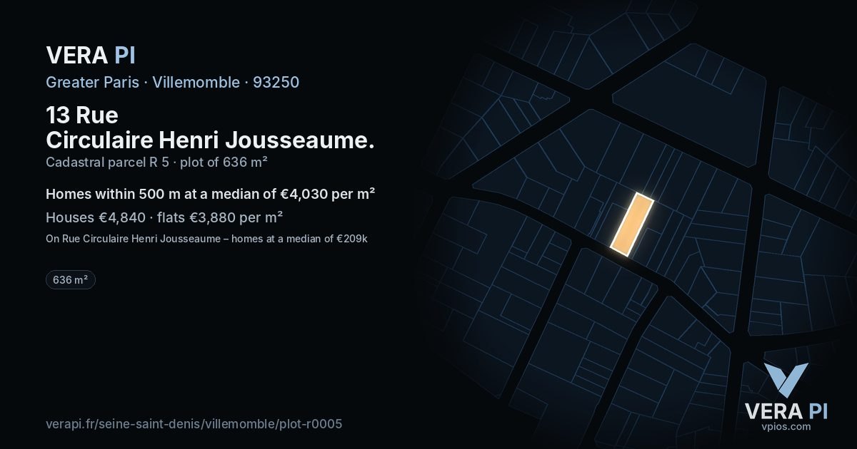 13 Rue Circulaire Henri Jousseaume, Villemomble at night – the plot lit, the parcels around coloured by the prices near them