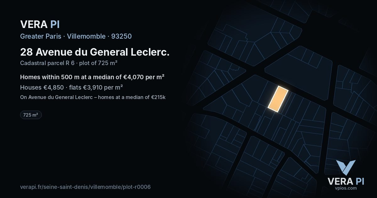 28 Avenue du General Leclerc, Villemomble at night – the plot lit, the parcels around coloured by the prices near them