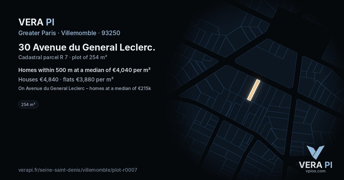 30 Avenue du General Leclerc, Villemomble at night – the plot lit, the parcels around coloured by the prices near them
