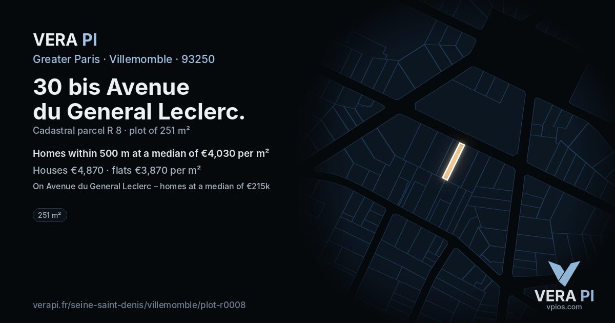30 bis Avenue du General Leclerc, Villemomble at night – the plot lit, the parcels around coloured by the prices near them