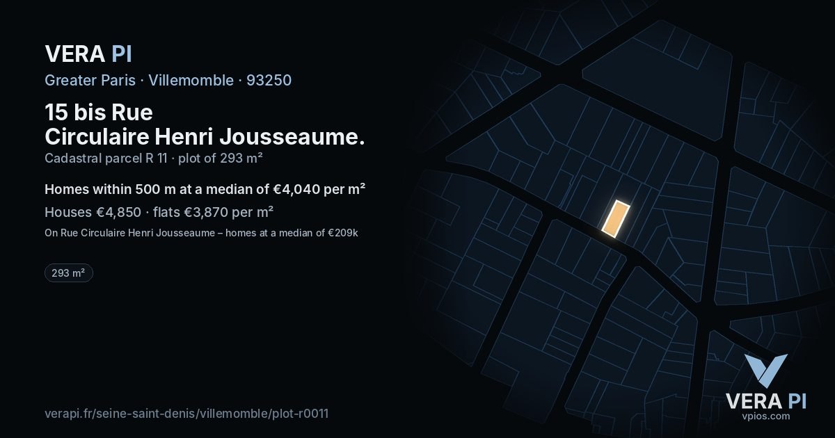 15 bis Rue Circulaire Henri Jousseaume, Villemomble at night – the plot lit, the parcels around coloured by the prices near them