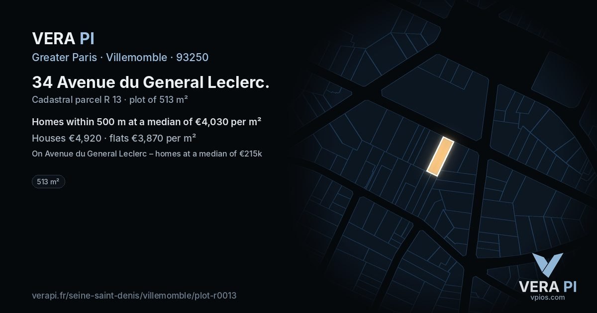 34 Avenue du General Leclerc, Villemomble at night – the plot lit, the parcels around coloured by the prices near them