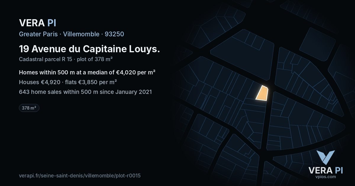 19 Avenue du Capitaine Louys, Villemomble at night – the plot lit, the parcels around coloured by the prices near them
