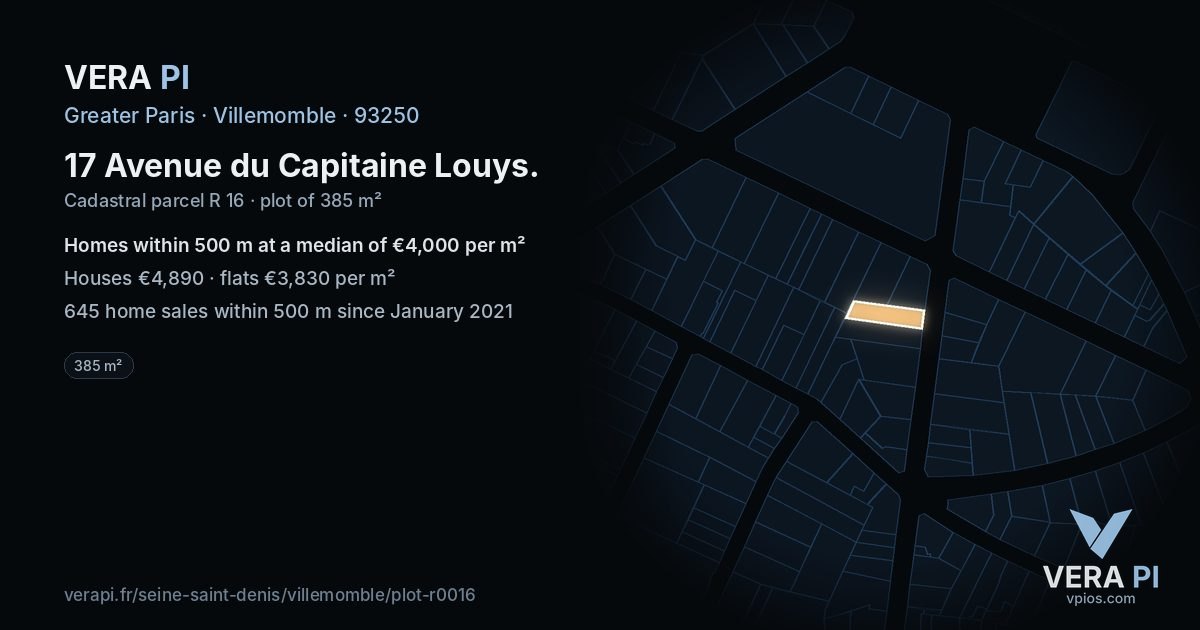 17 Avenue du Capitaine Louys, Villemomble at night – the plot lit, the parcels around coloured by the prices near them
