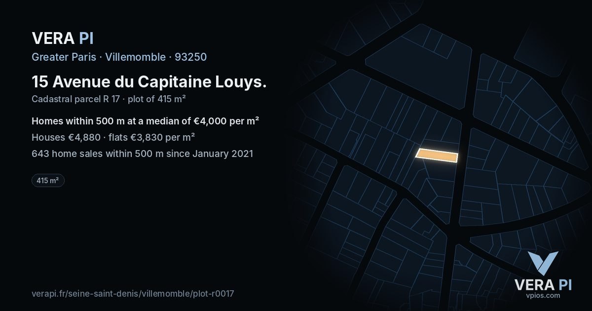 15 Avenue du Capitaine Louys, Villemomble at night – the plot lit, the parcels around coloured by the prices near them