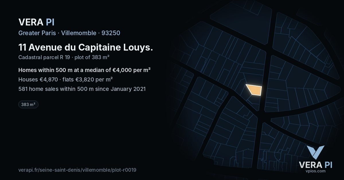 11 Avenue du Capitaine Louys, Villemomble at night – the plot lit, the parcels around coloured by the prices near them