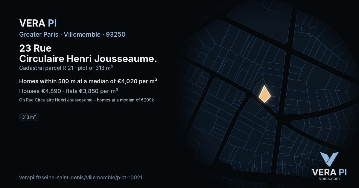 23 Rue Circulaire Henri Jousseaume, Villemomble at night – the plot lit, the parcels around coloured by the prices near them