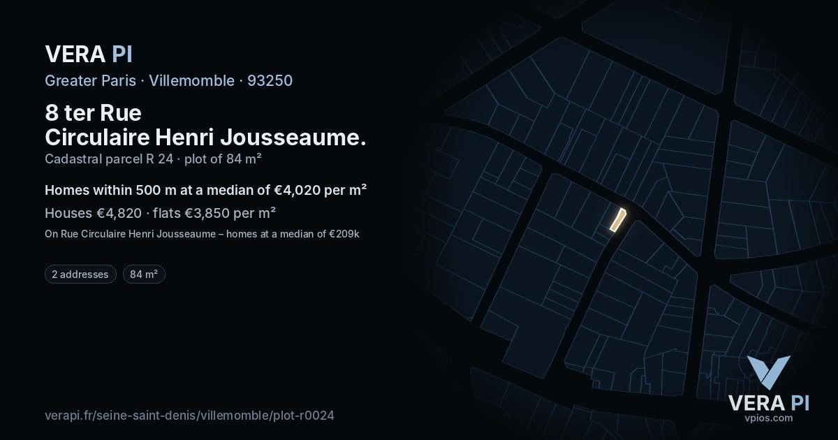 8 ter Rue Circulaire Henri Jousseaume, Villemomble at night – the plot lit, the parcels around coloured by the prices near them