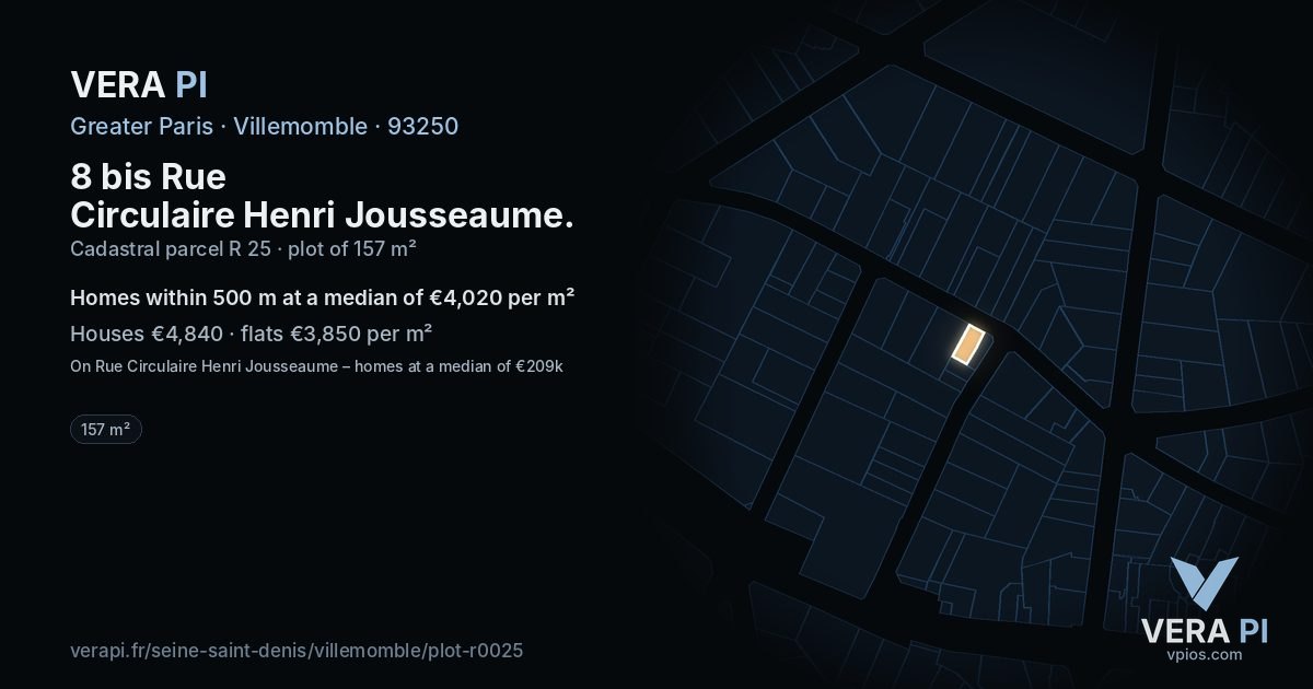 8 bis Rue Circulaire Henri Jousseaume, Villemomble at night – the plot lit, the parcels around coloured by the prices near them