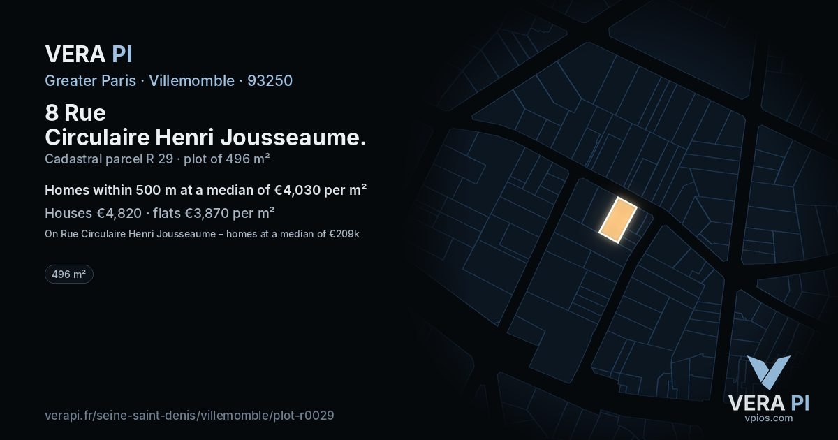 8 Rue Circulaire Henri Jousseaume, Villemomble at night – the plot lit, the parcels around coloured by the prices near them