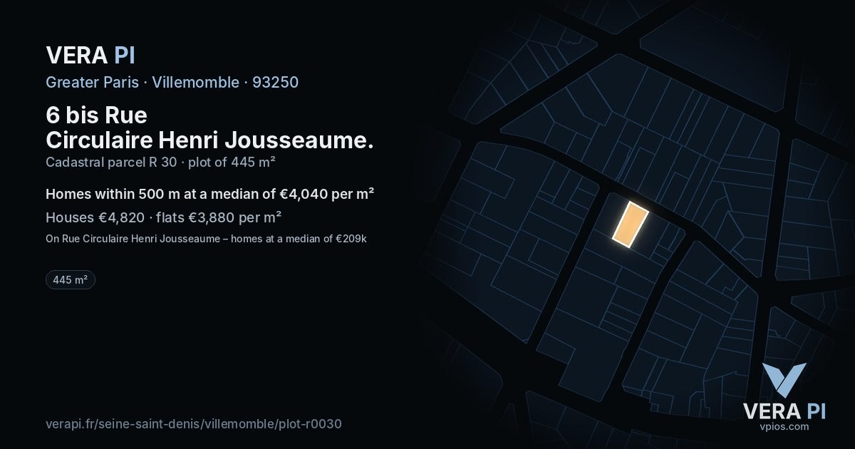 6 bis Rue Circulaire Henri Jousseaume, Villemomble at night – the plot lit, the parcels around coloured by the prices near them