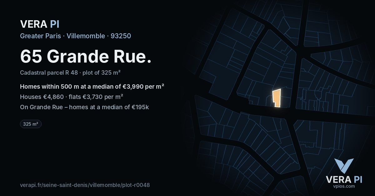 65 Grande Rue, Villemomble at night – the plot lit, the parcels around coloured by the prices near them