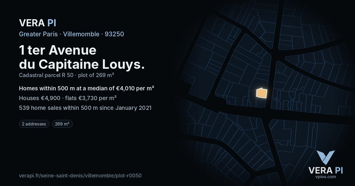 1 ter Avenue du Capitaine Louys, Villemomble at night – the plot lit, the parcels around coloured by the prices near them
